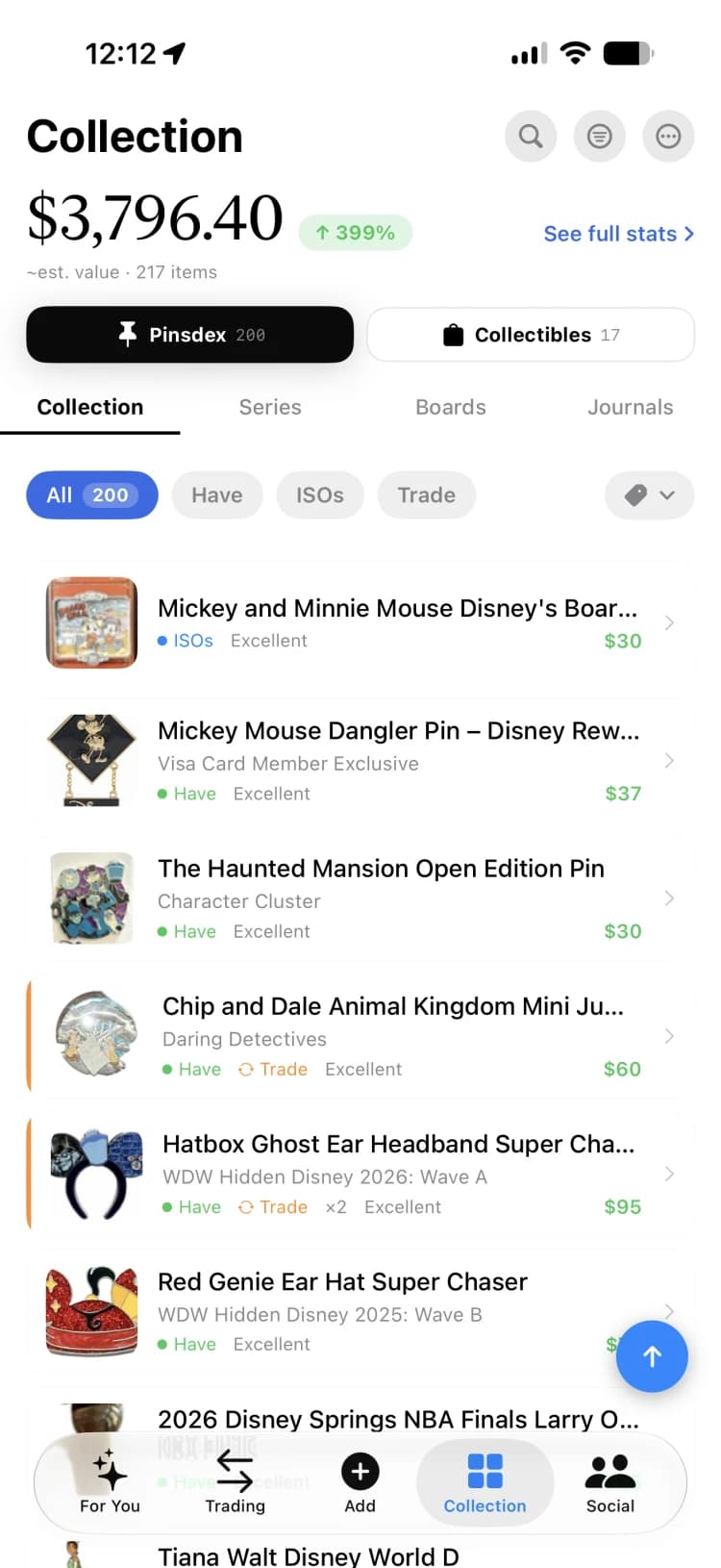 ParkBound Collections list of pins with have, want, and trade status and estimated values