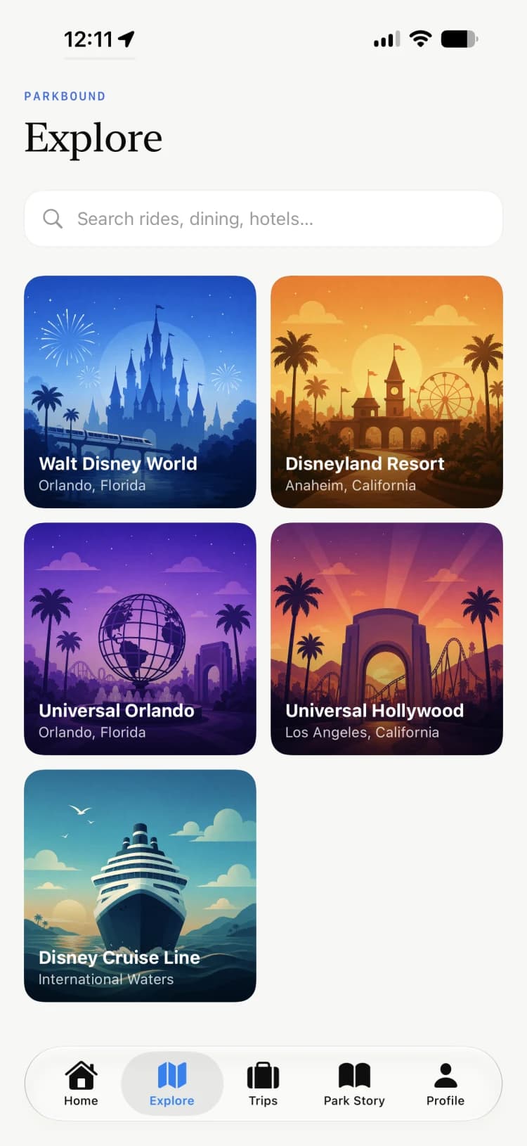 ParkBound Story explore screen listing Walt Disney World, Disneyland, Universal, and Disney Cruise Line