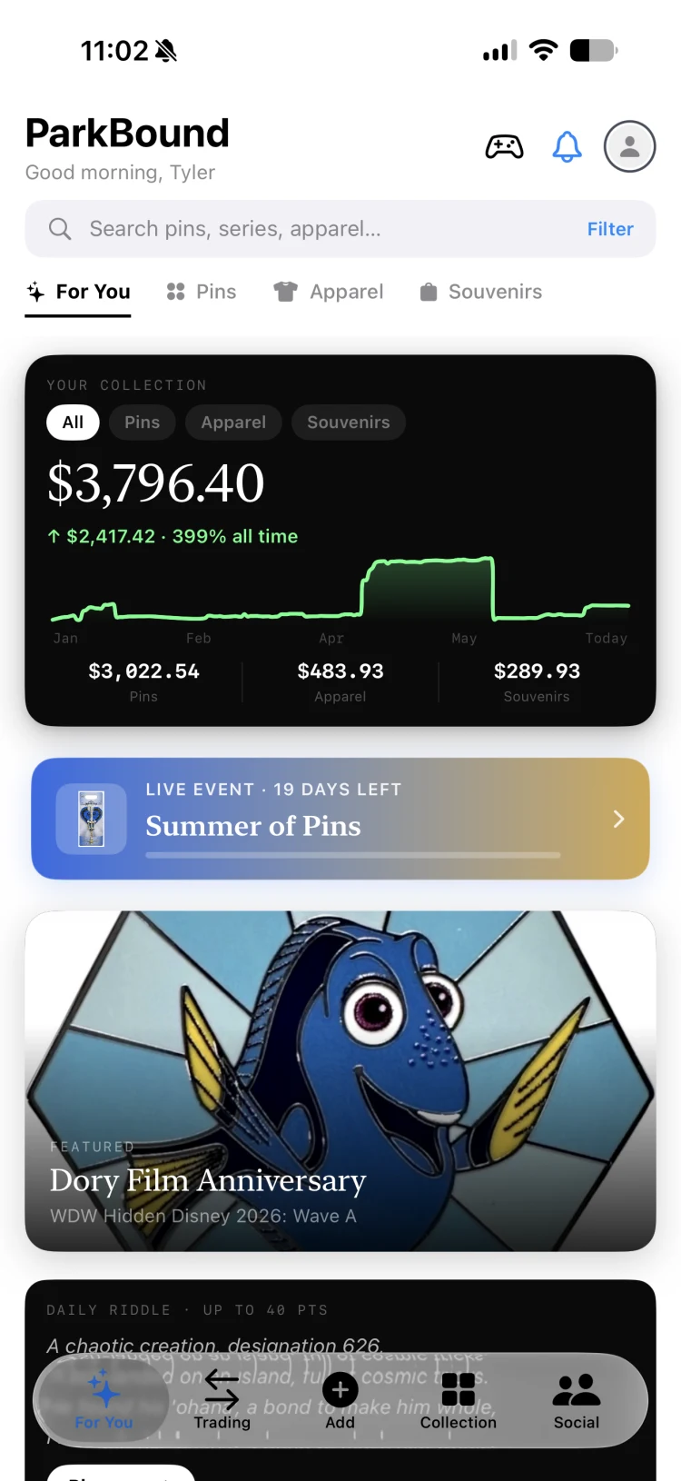 ParkBound Collections home screen with a collection value chart and live event banner