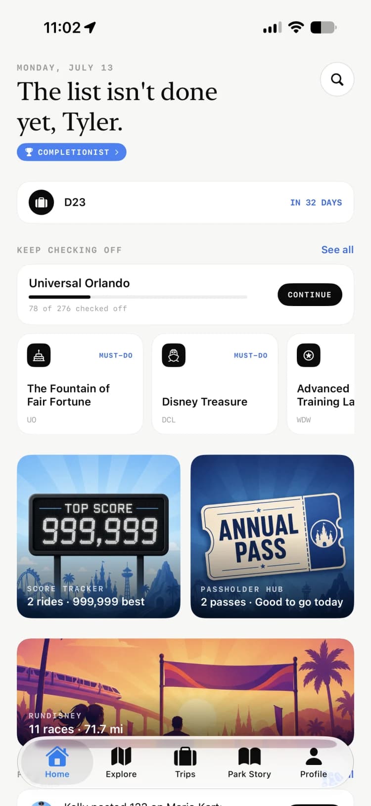 ParkBound Story home screen with a trip countdown, park checklist progress, and must-do cards
