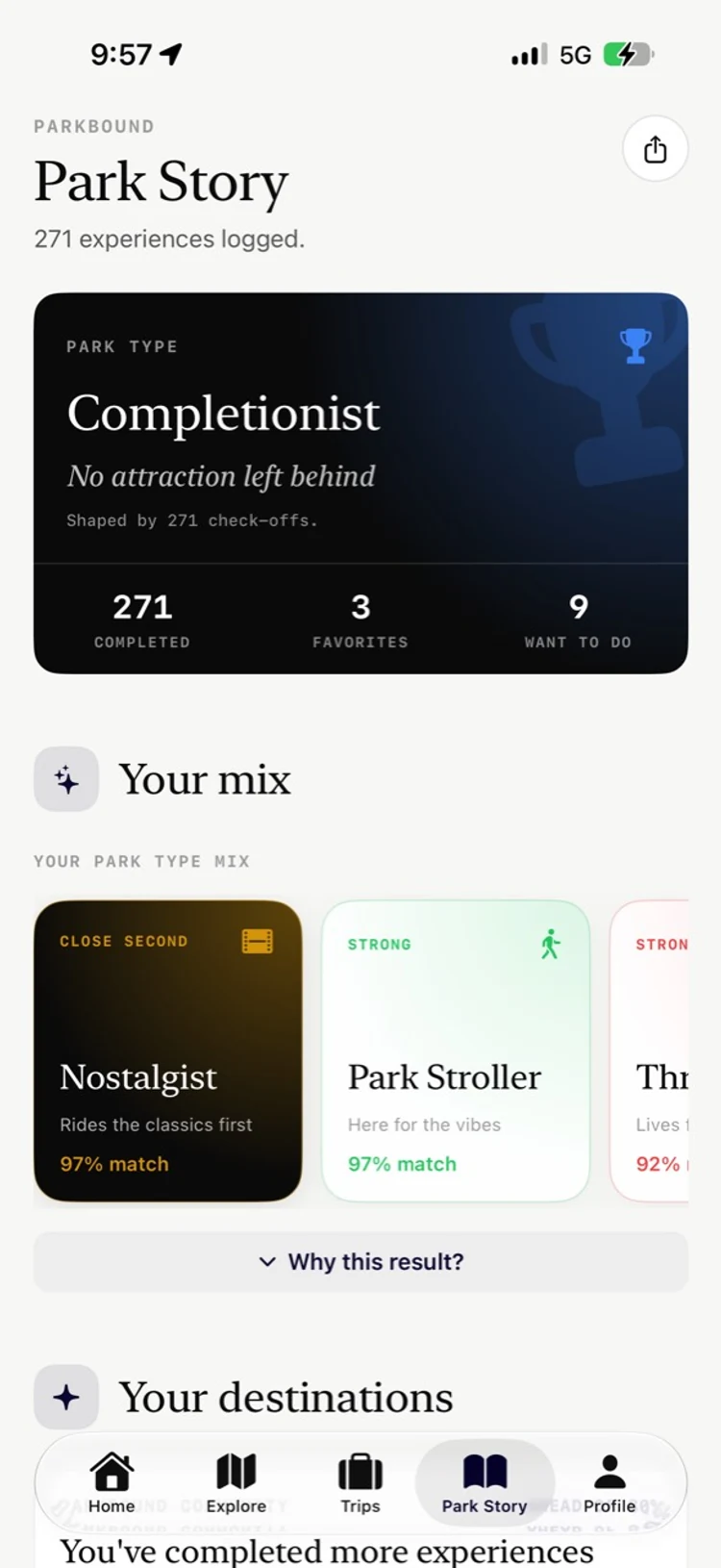 ParkBound Story screen showing the Completionist park type and destination mix