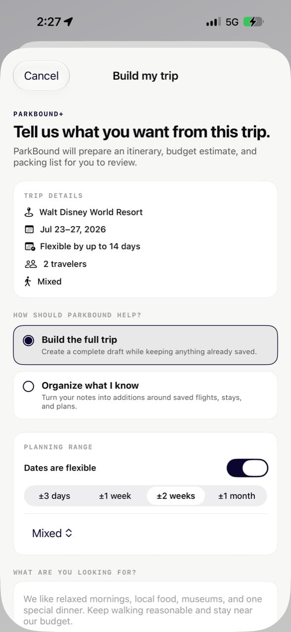 ParkBound Build My Trip planning screen
