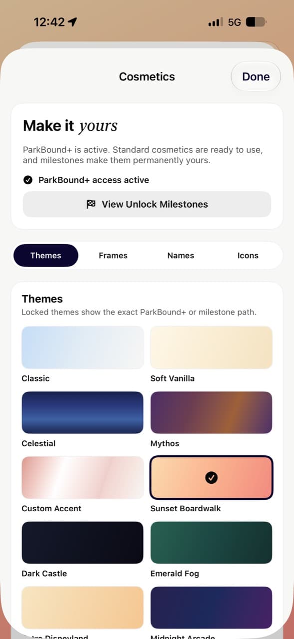 ParkBound cosmetics screen with premium themes
