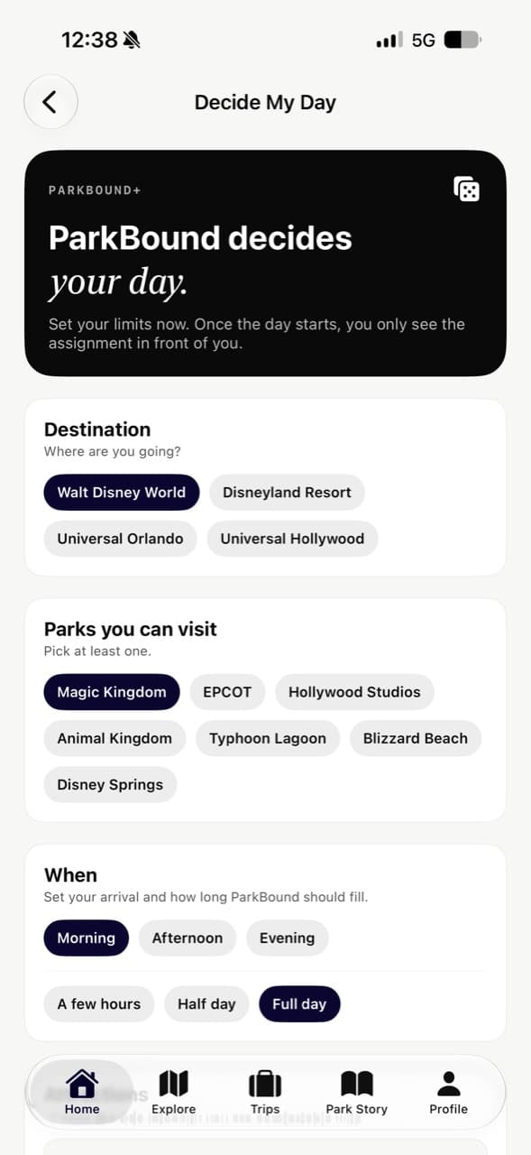 ParkBound Decide My Day planning controls