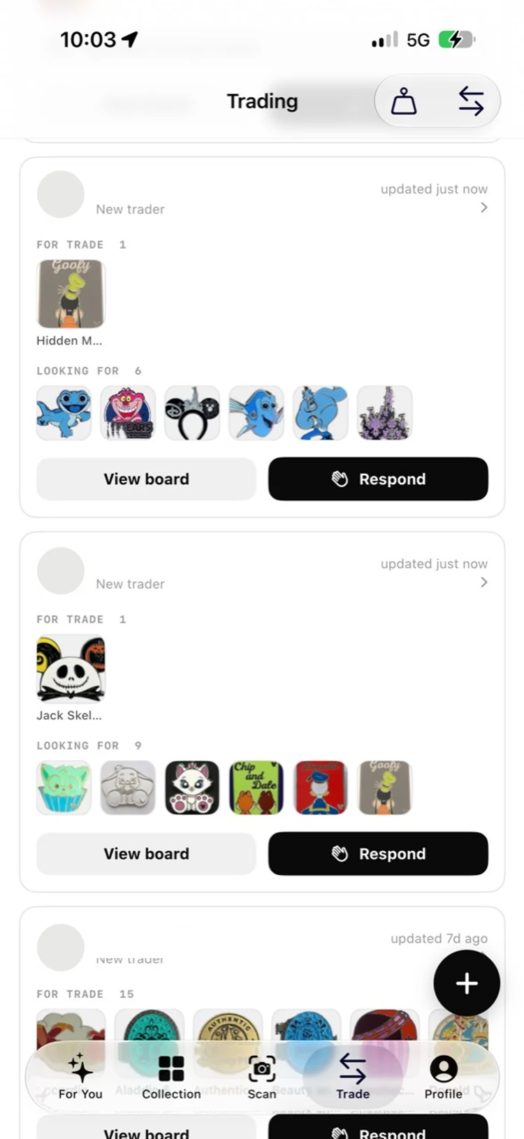 ParkBound Collections trading feed with anonymized collector boards and response actions