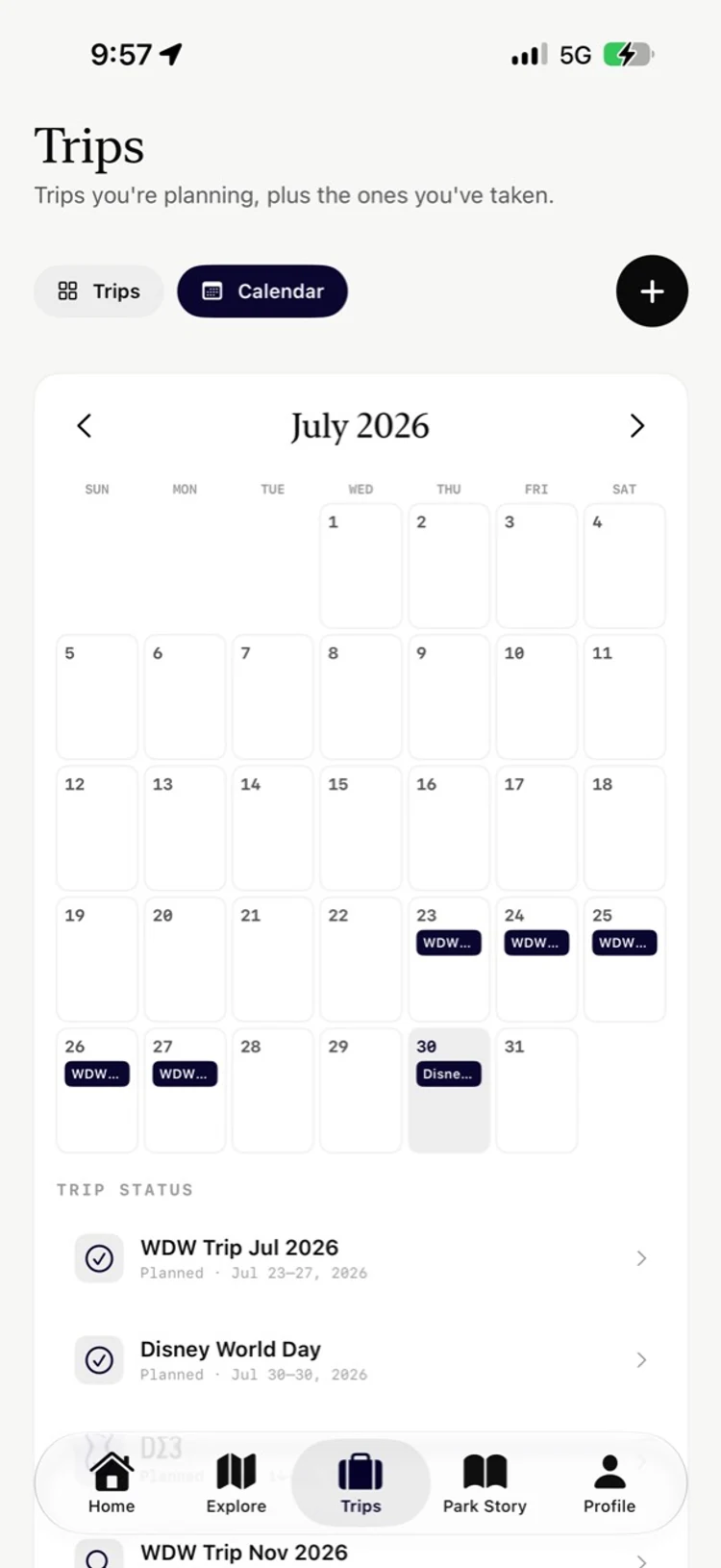 ParkBound Story trip calendar showing planned Walt Disney World trips