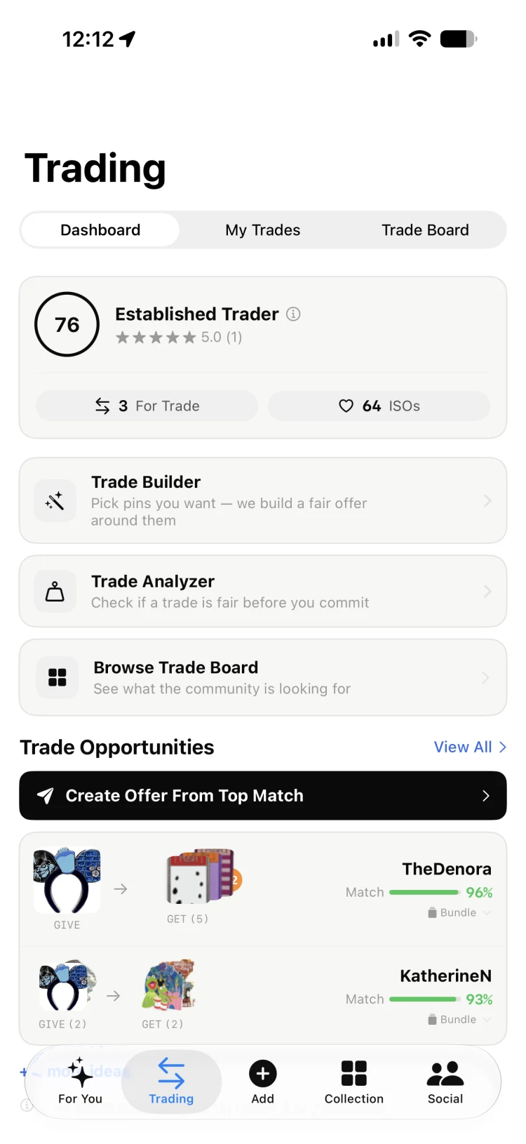 Trading screen in ParkBound Collections