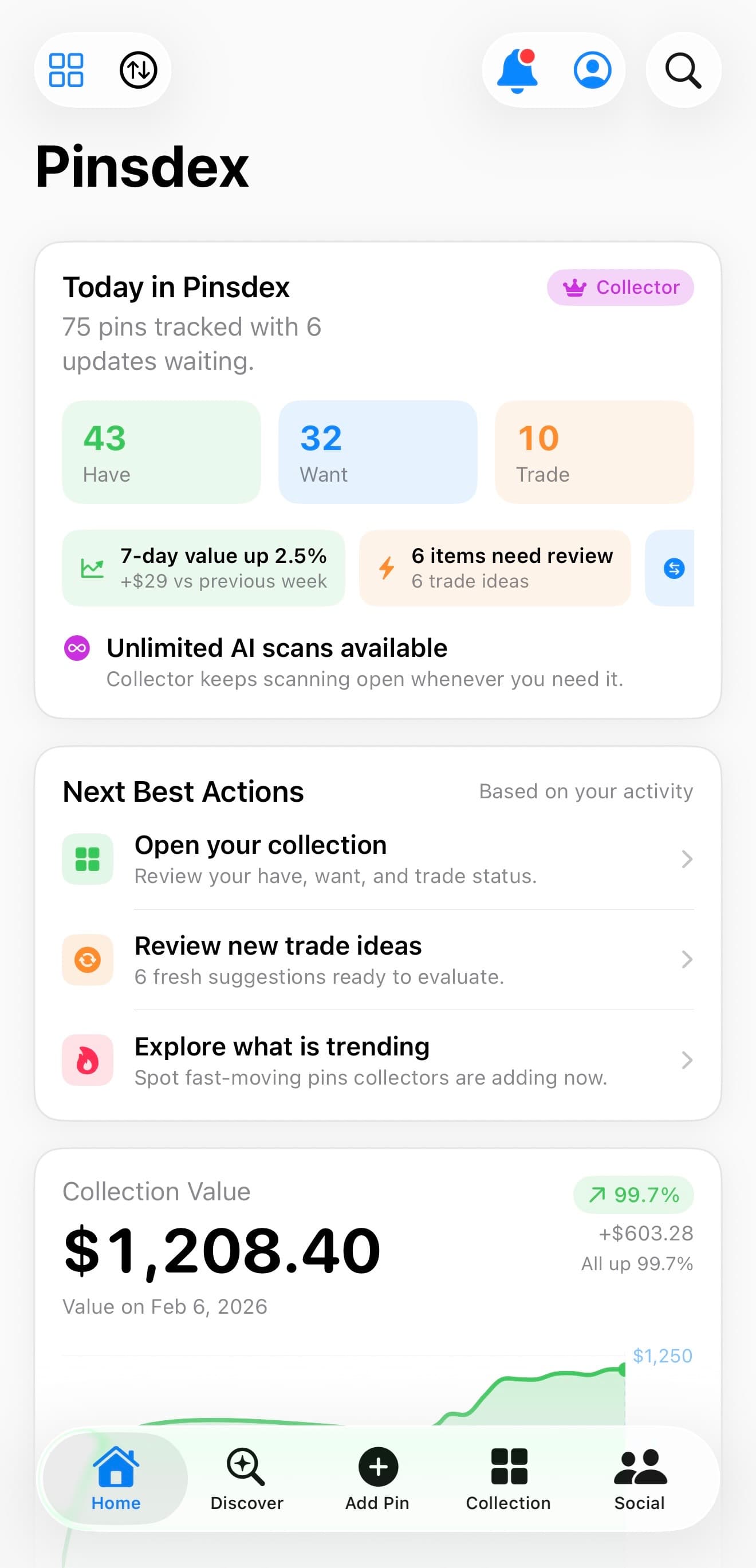 Disney pin organizer app dashboard showing collection tracking in ParkBound Collections