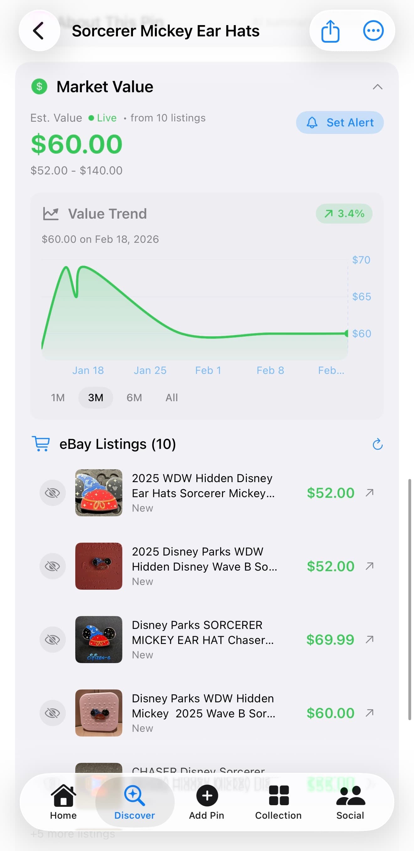 Disney pin collection tracker view in ParkBound Collections showing tracked value context