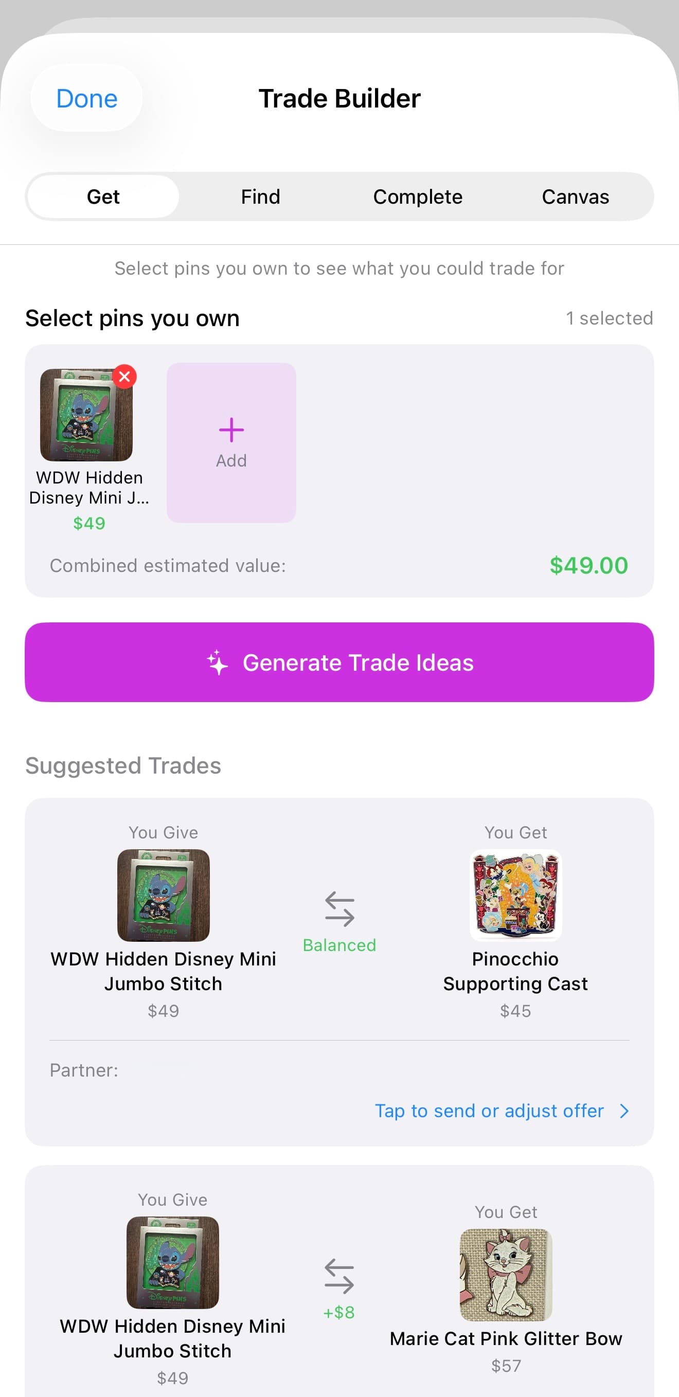 Disney pin trading app screen for building balanced offers in ParkBound Collections