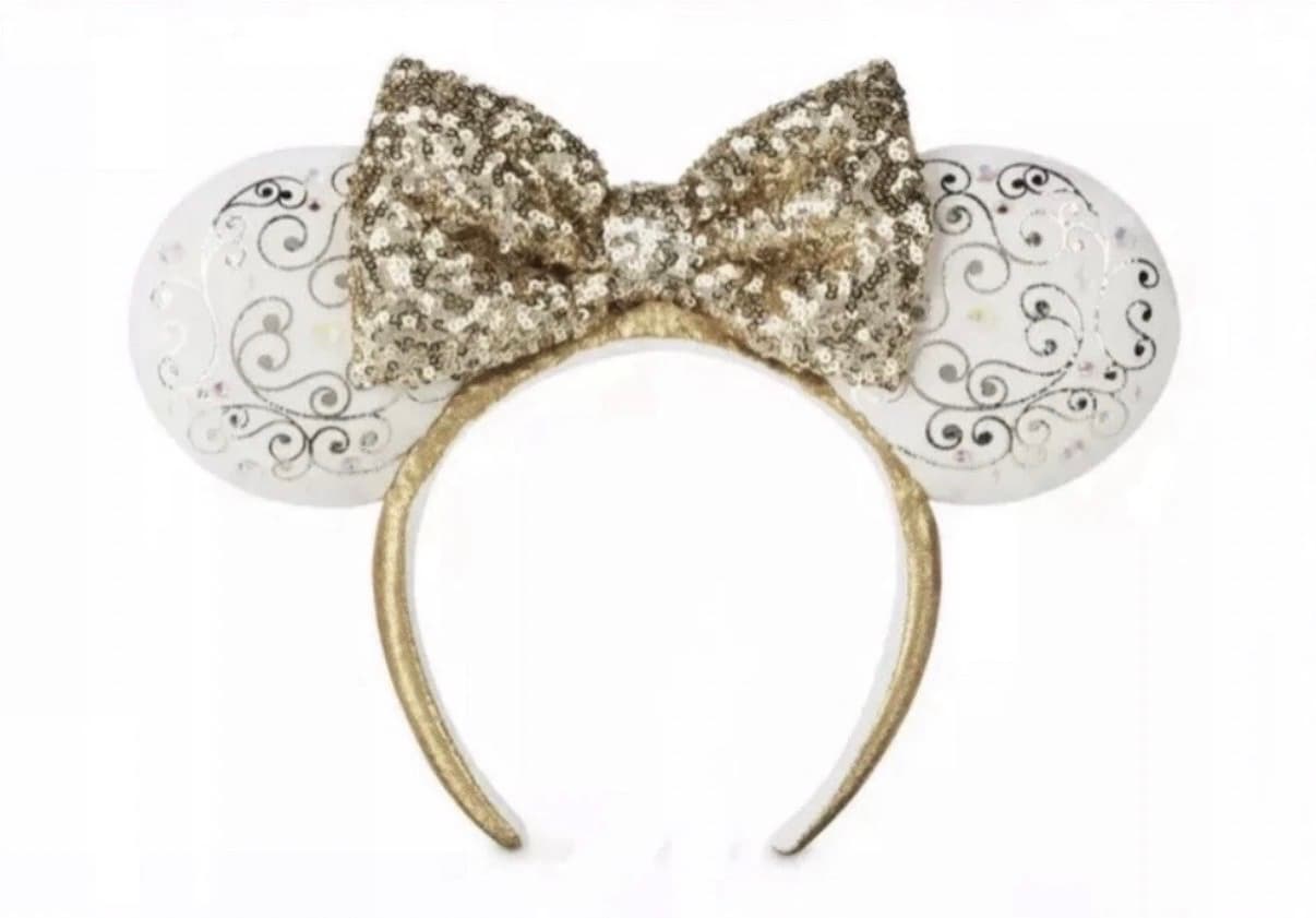 White and Gold Sequin Light Up WDW 50th Anniversary Minnie Mouse Ears front