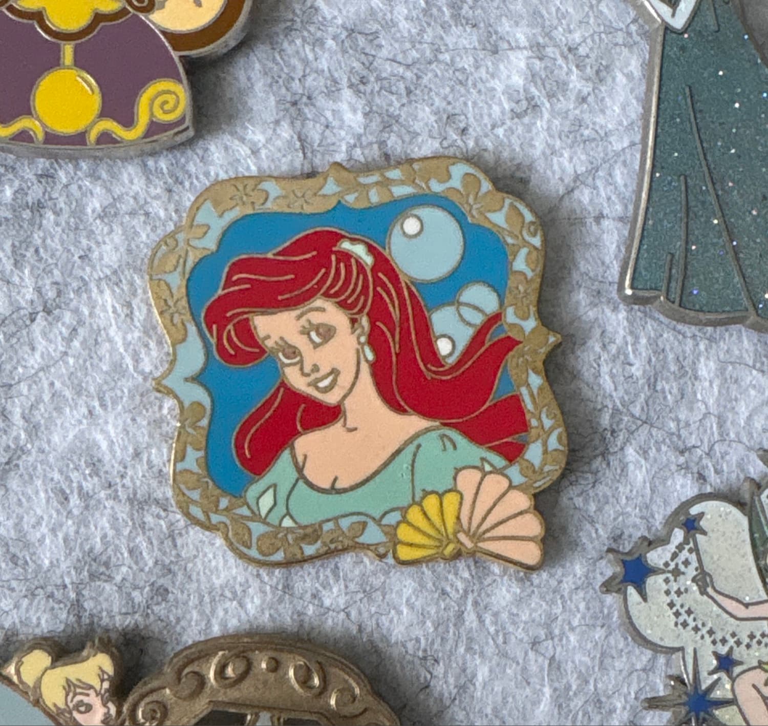 Ariel The Little Mermaid Gold Frame Shells Green Dress Booster Pin