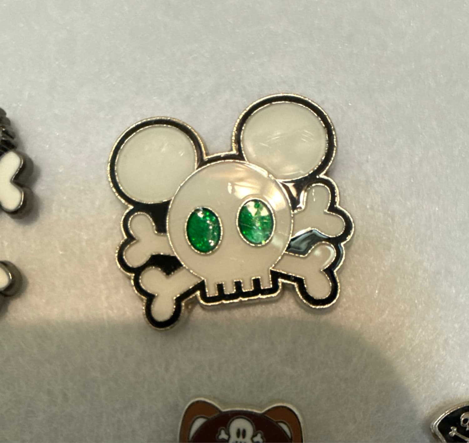 Mickey Skull Crossbones Pin with Green Glitter Eyes