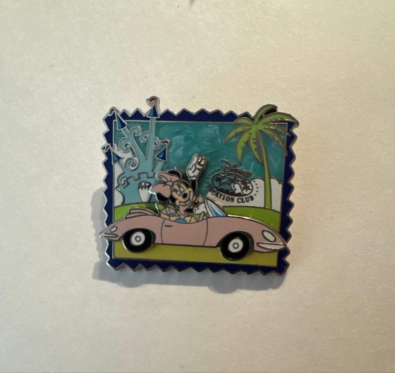 Minnie Mouse in Pink Car Disney Vacation Club Stamp Pin front