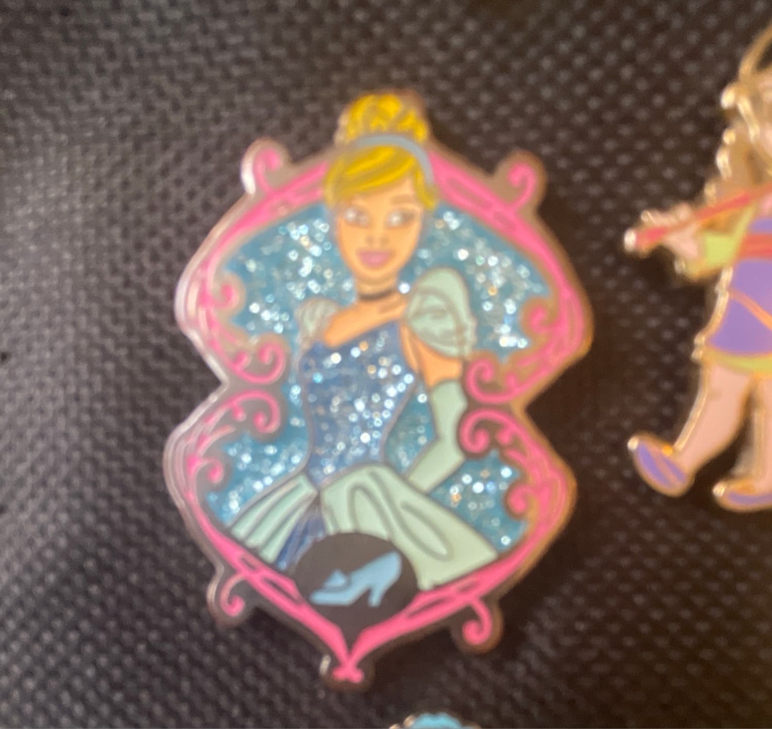 Cinderella Princess Portrait Pink Glitter Frame with Glass Slipper Pin