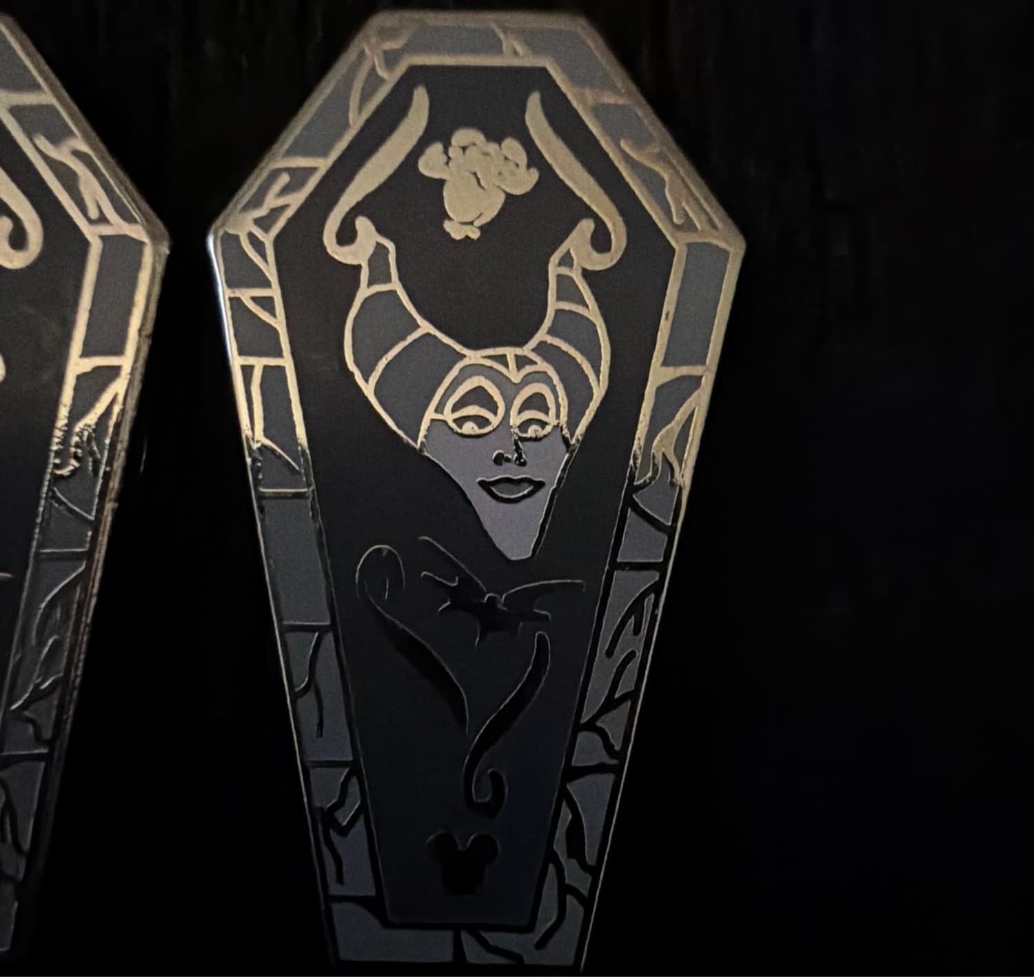 Maleficent Coffin Hidden Mickey Pin front