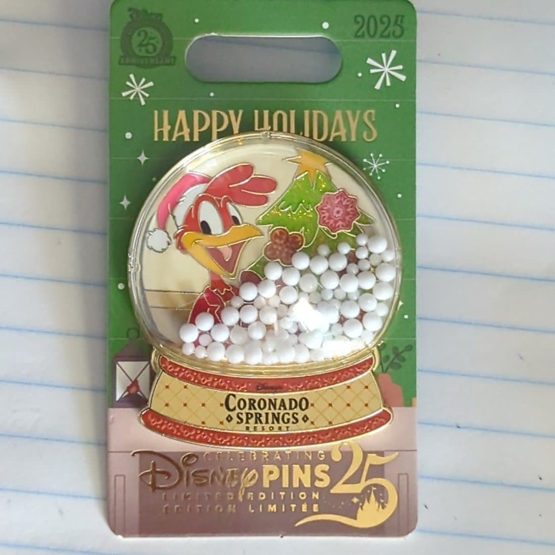 Disney Parks 2025 Happy Holidays Coronado Springs Panchito Pistoles Snow Globe Pin front
