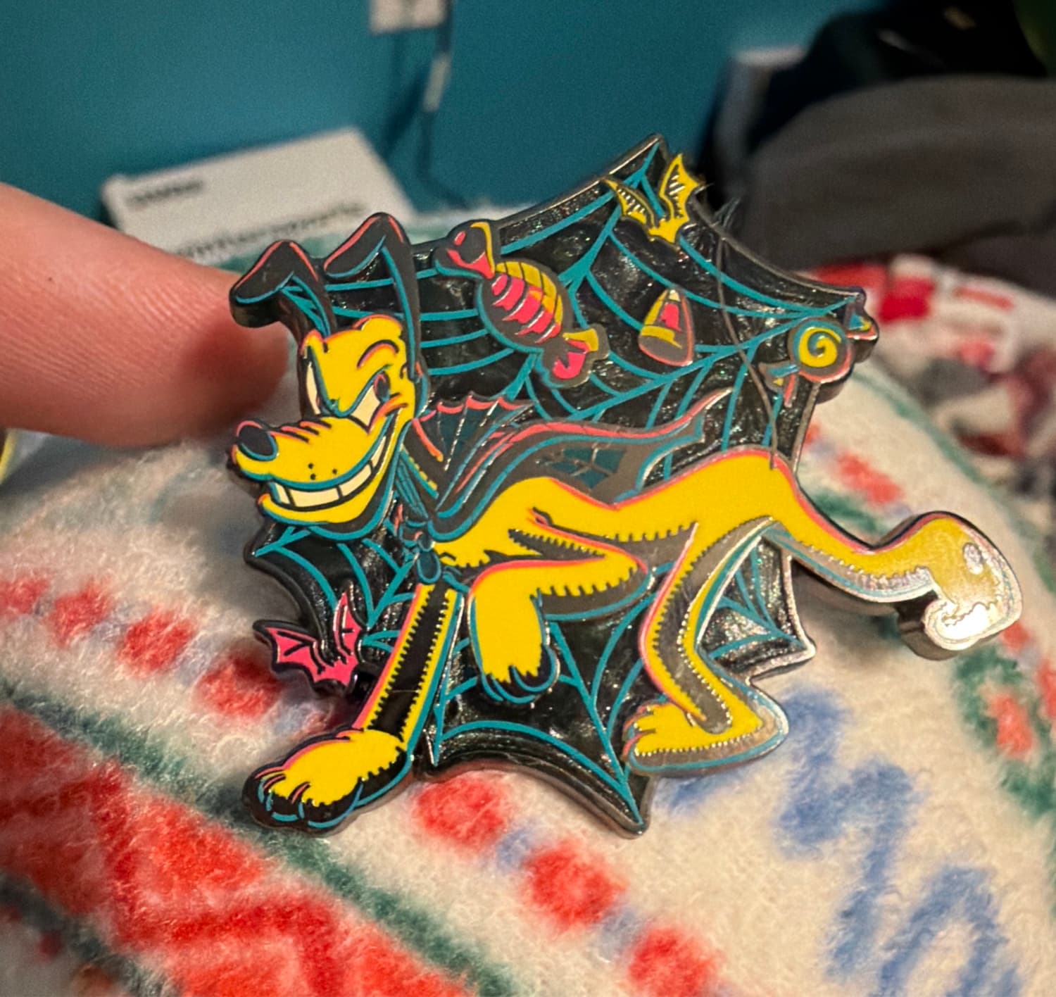 Disney Parks Happy Halloween Pluto Spider Web & Candy Pin front