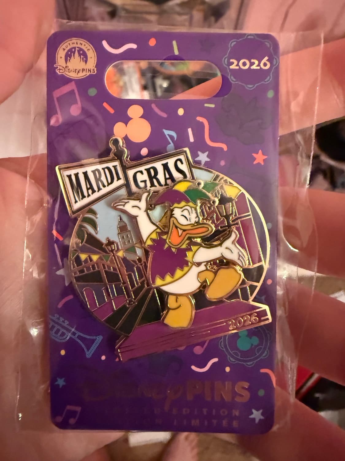 Donald Duck Mardi Gras 2026 Limited Edition Pin front