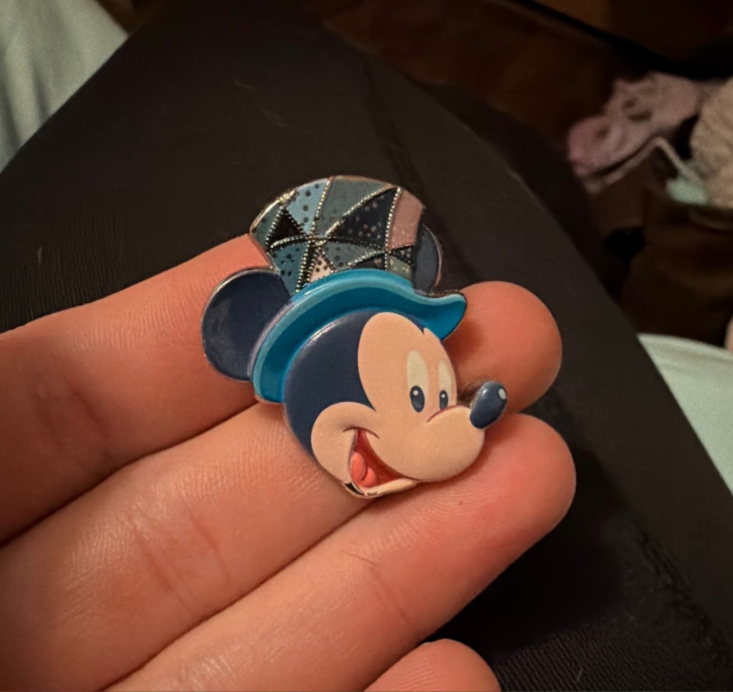 Mickey Mouse Head with Blue Geometric Top Hat and Orange Ear Pin front