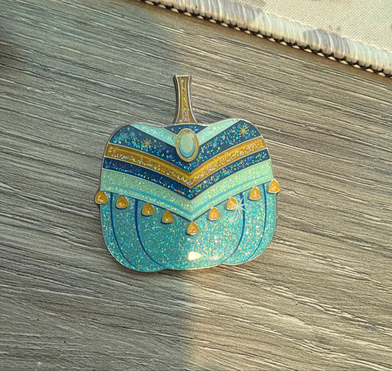 Ornate Glitter Blue and Gold Decorative Pumpkin with Tassels Pin