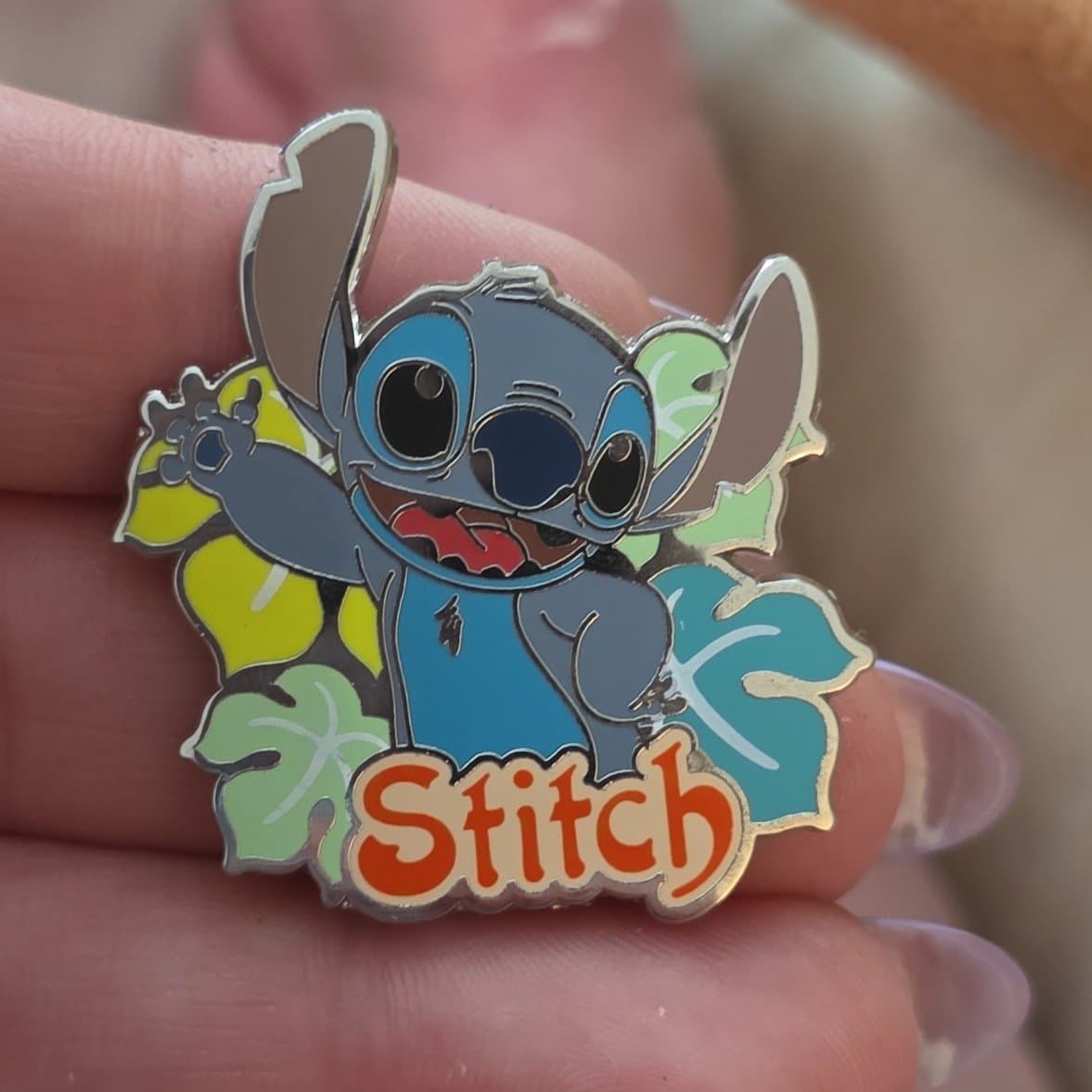 Stitch Waving with Tropical Leaves and Name