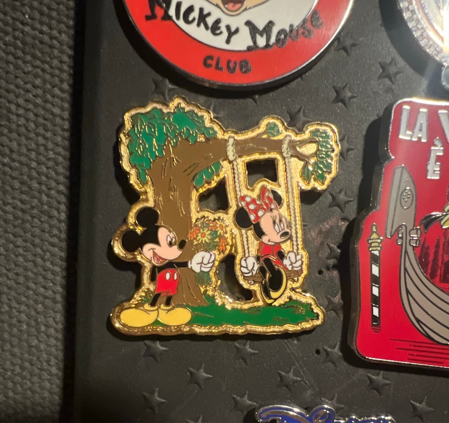 Mickey and Minnie on Tree Swing with Flowers Pin