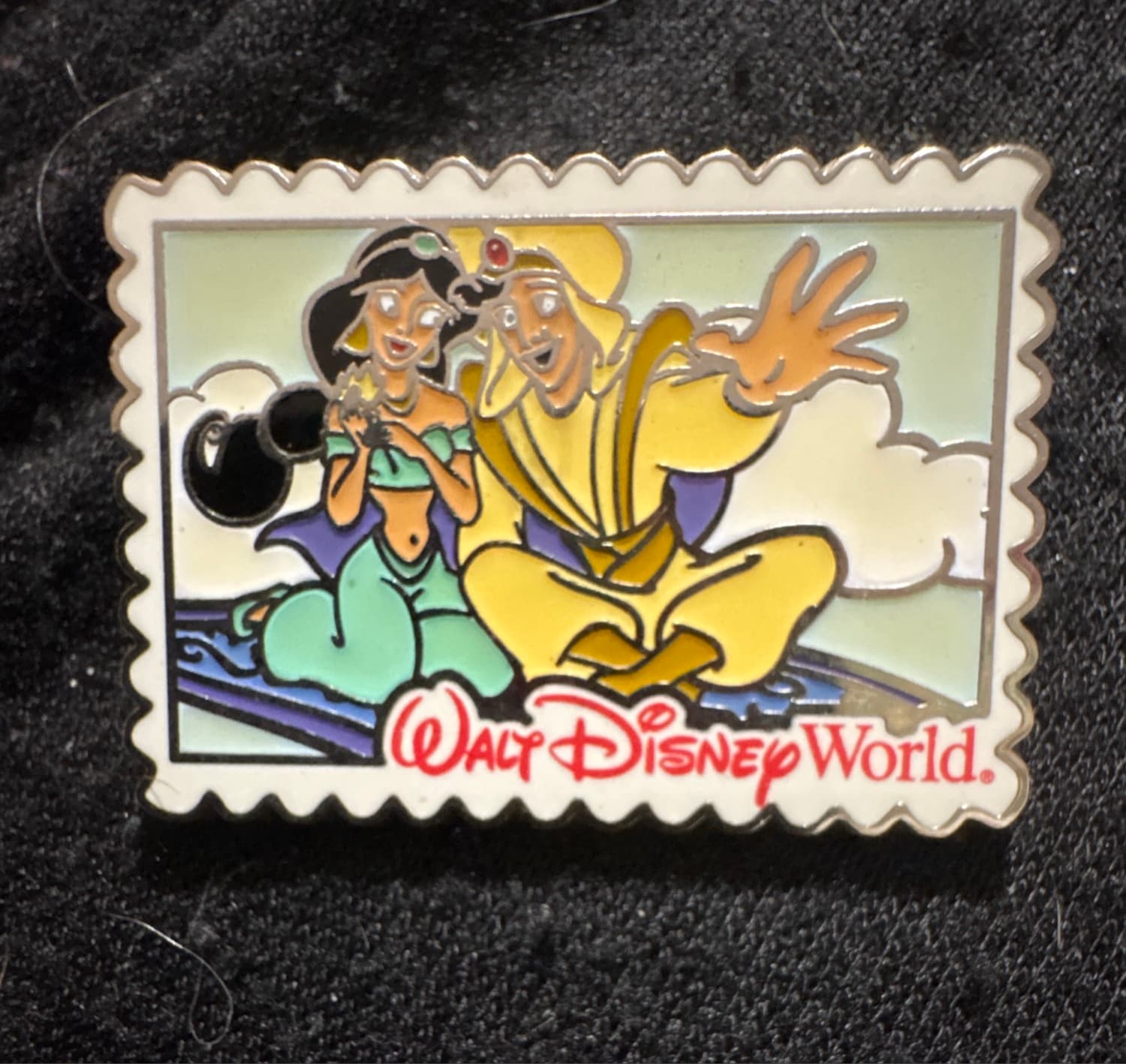 Aladdin and Jasmine Magic Carpet Postage Stamp Pin