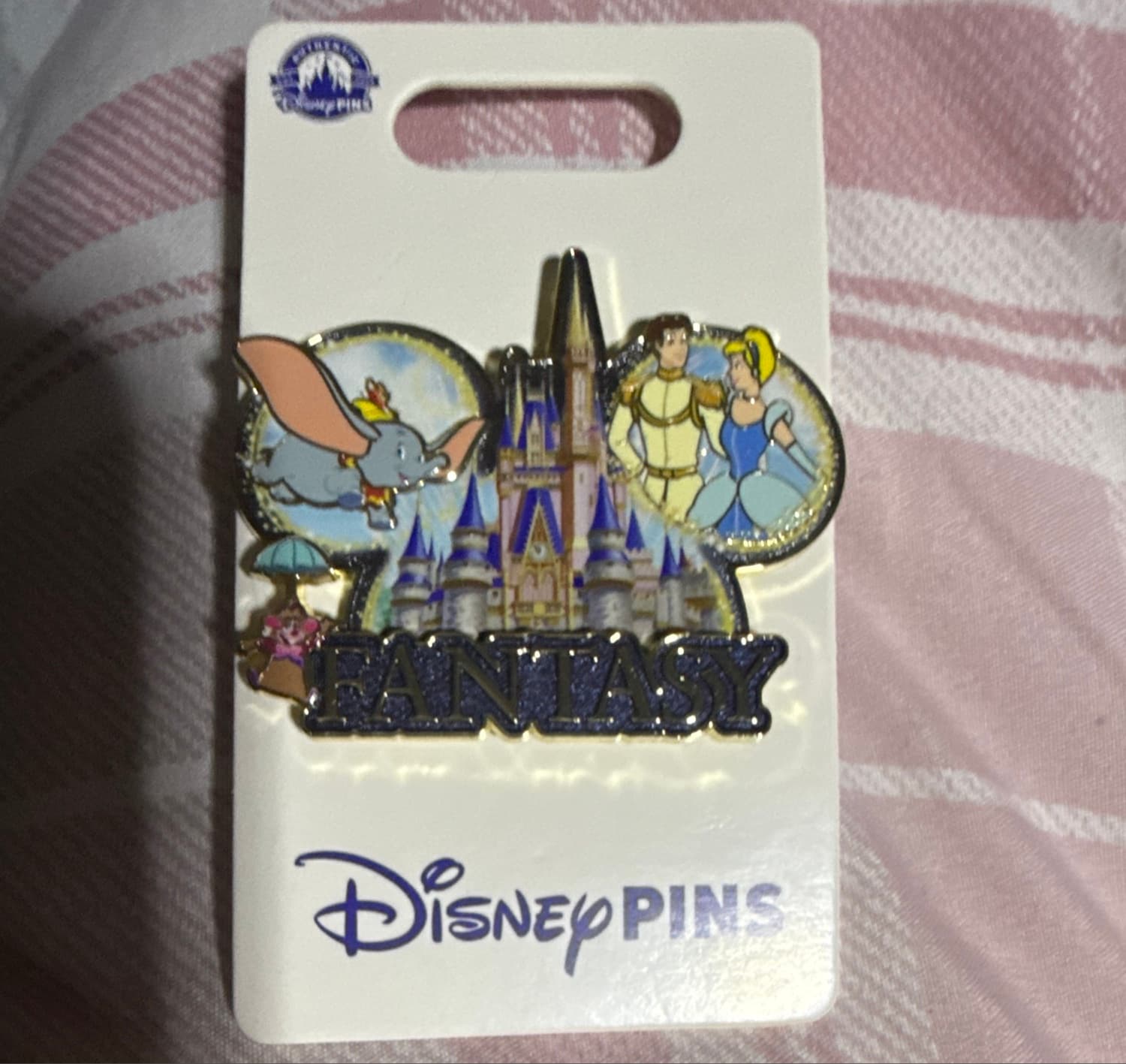 Mickey-Shaped 'Fantasy' Pin with Cinderella Castle, Dumbo, Cinderella & Prince Charming, and Dormouse