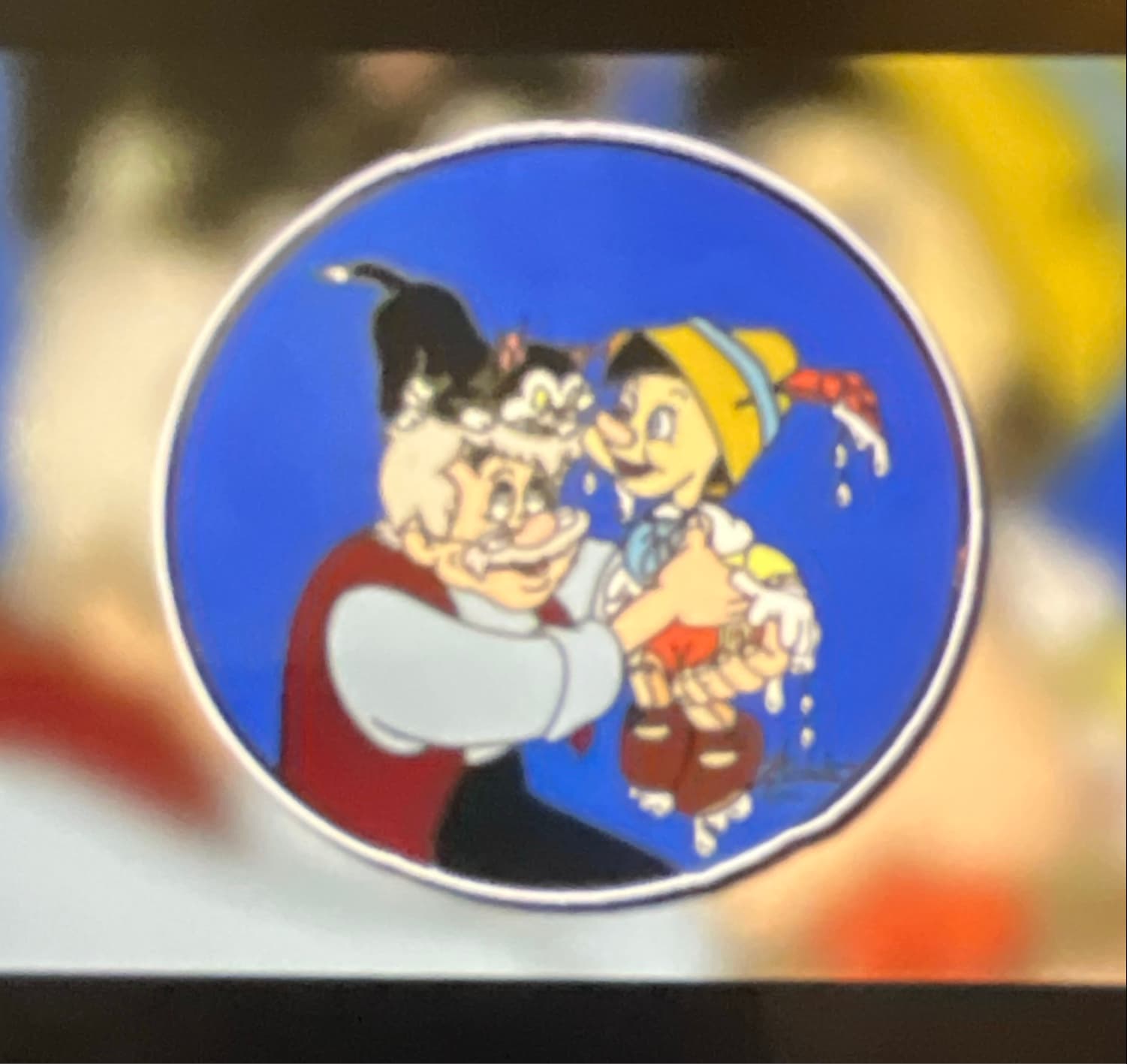 Geppetto Holding Pinocchio with Figaro - Blue Circle