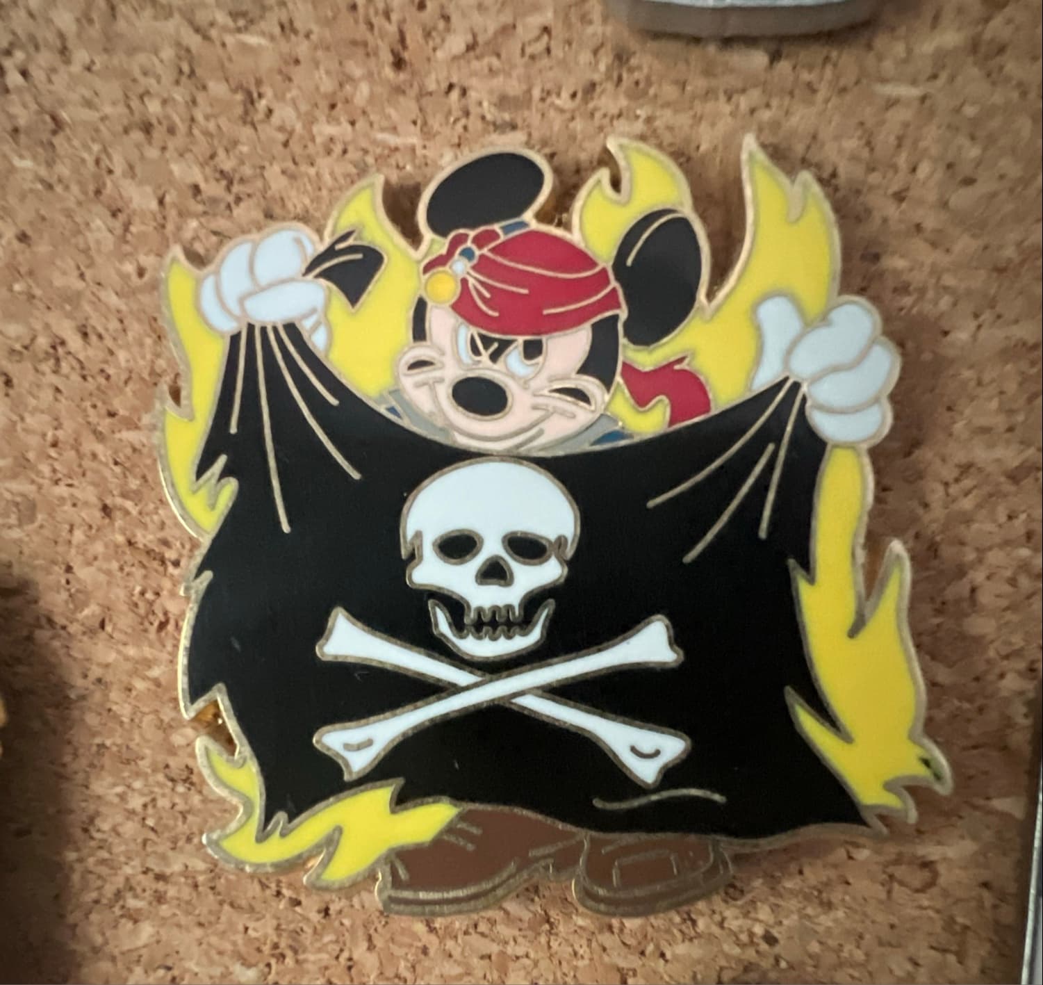 Mickey Mouse Pirate with Skull & Crossbones Flag & Fire Background front