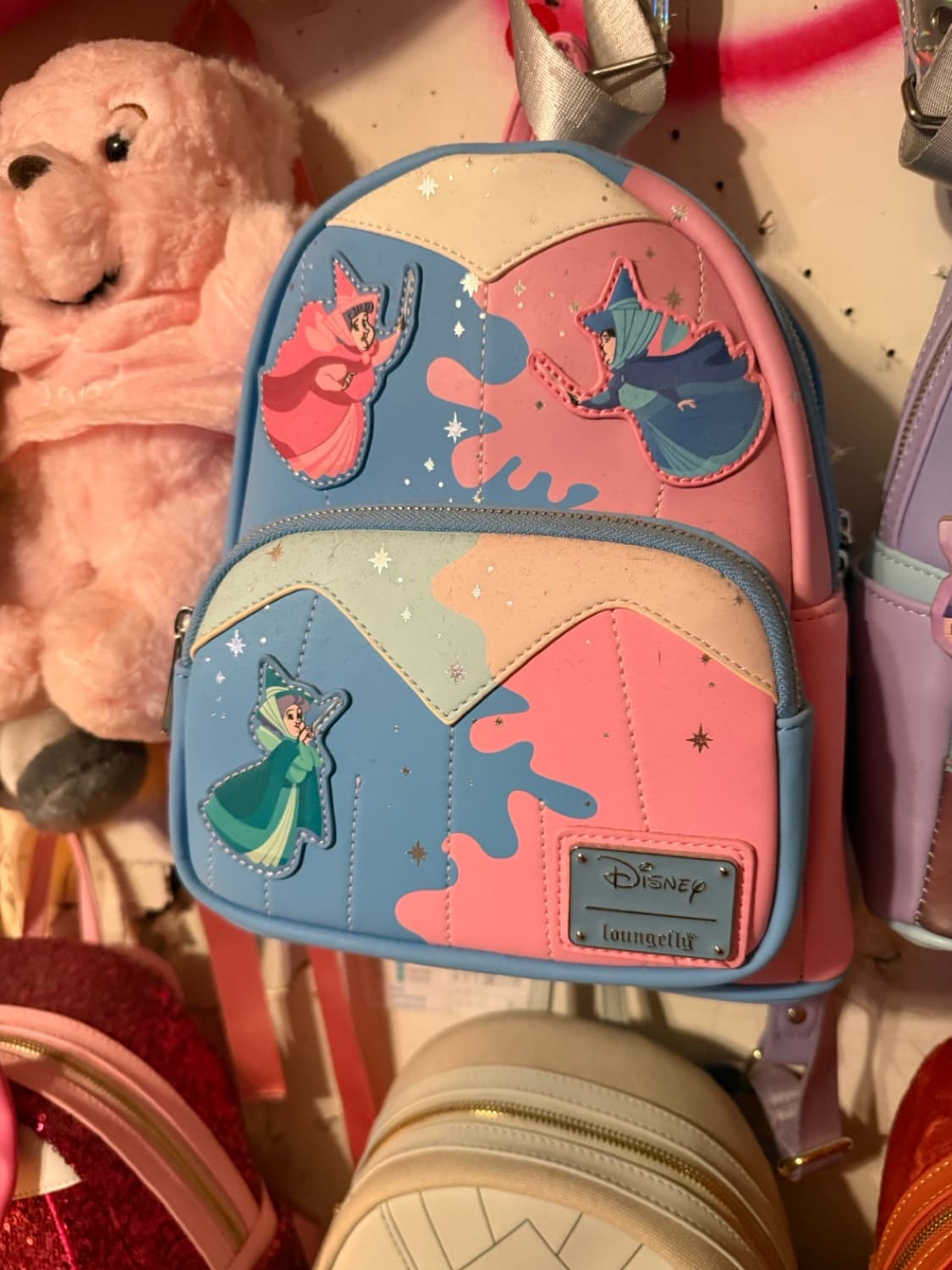 Loungefly Disney Sleeping Beauty Fairy Godmothers Make It Pink Make It Blue Mini Backpack