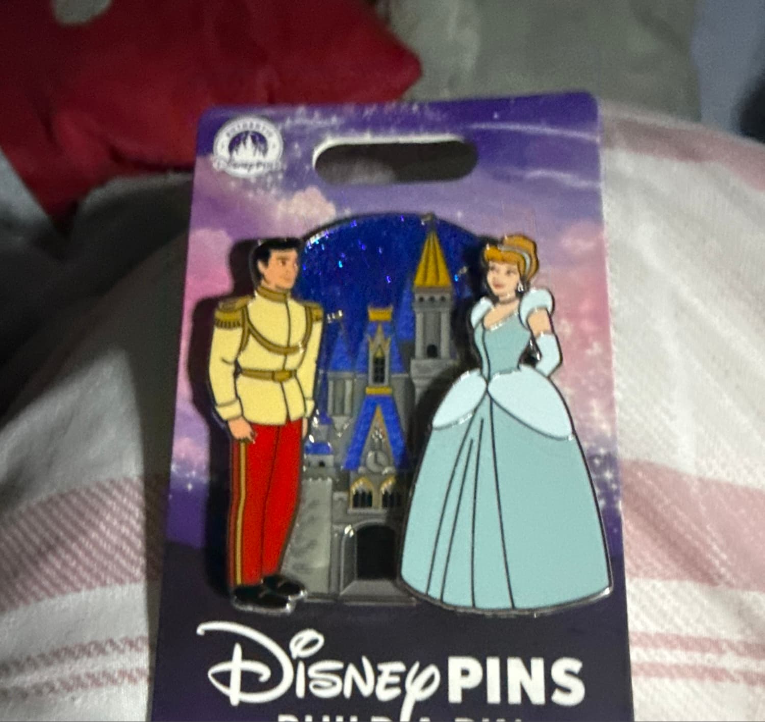 Cinderella and Prince Charming with Castle Pin front