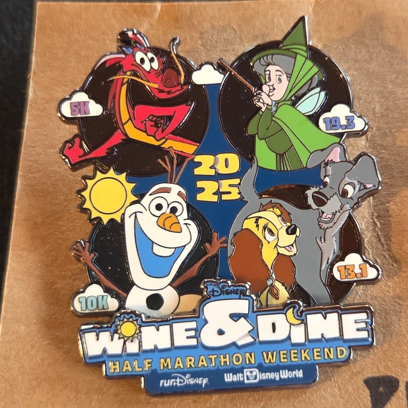 WDW - Wine and Dine Half Marathon Weekend - 2025 - Logo with Mushu, Olaf, Fauna, Lady & Tramp front