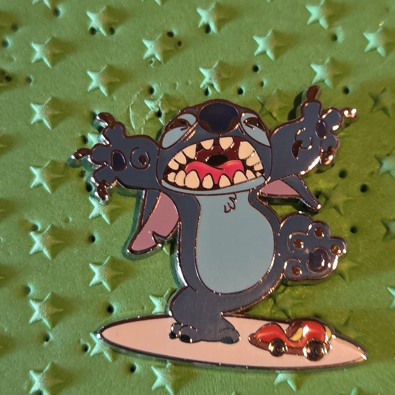 Stitch as Godzilla with Car on Surfboard