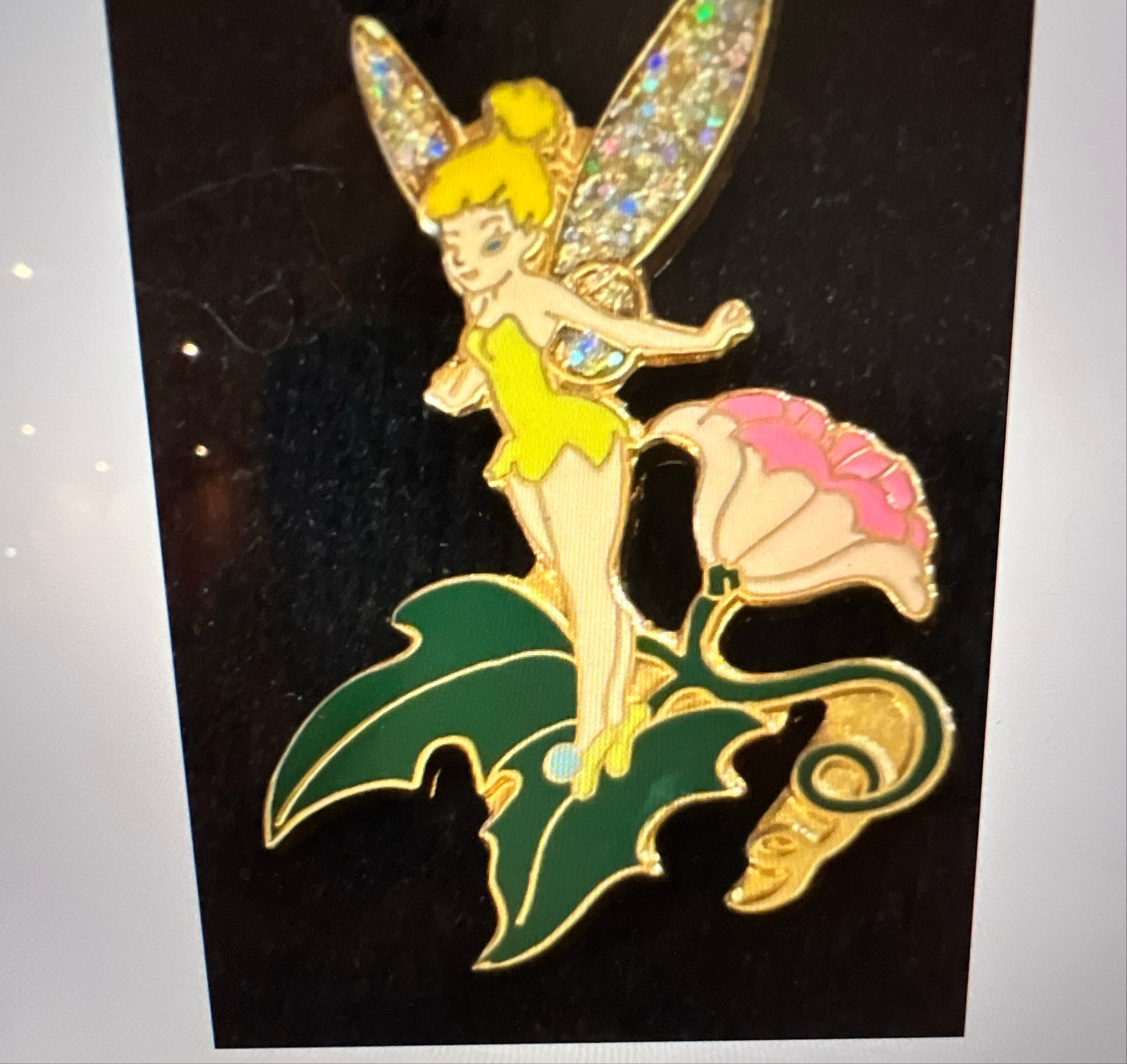 Tinker Bell on Pink Flower Leaf Glitter Wings Pin