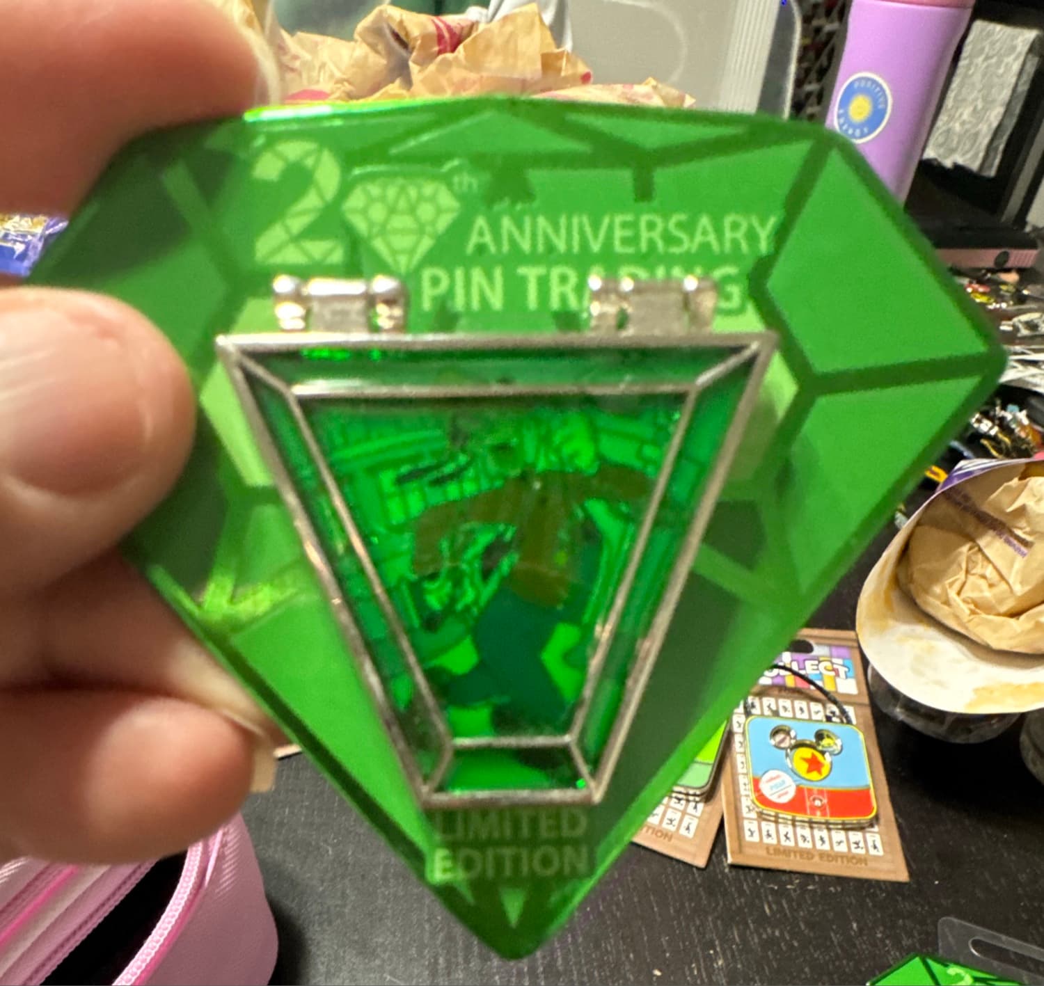 Mickey Mouse 20th Anniversary Pin Trading Green Diamond Hinged Pin