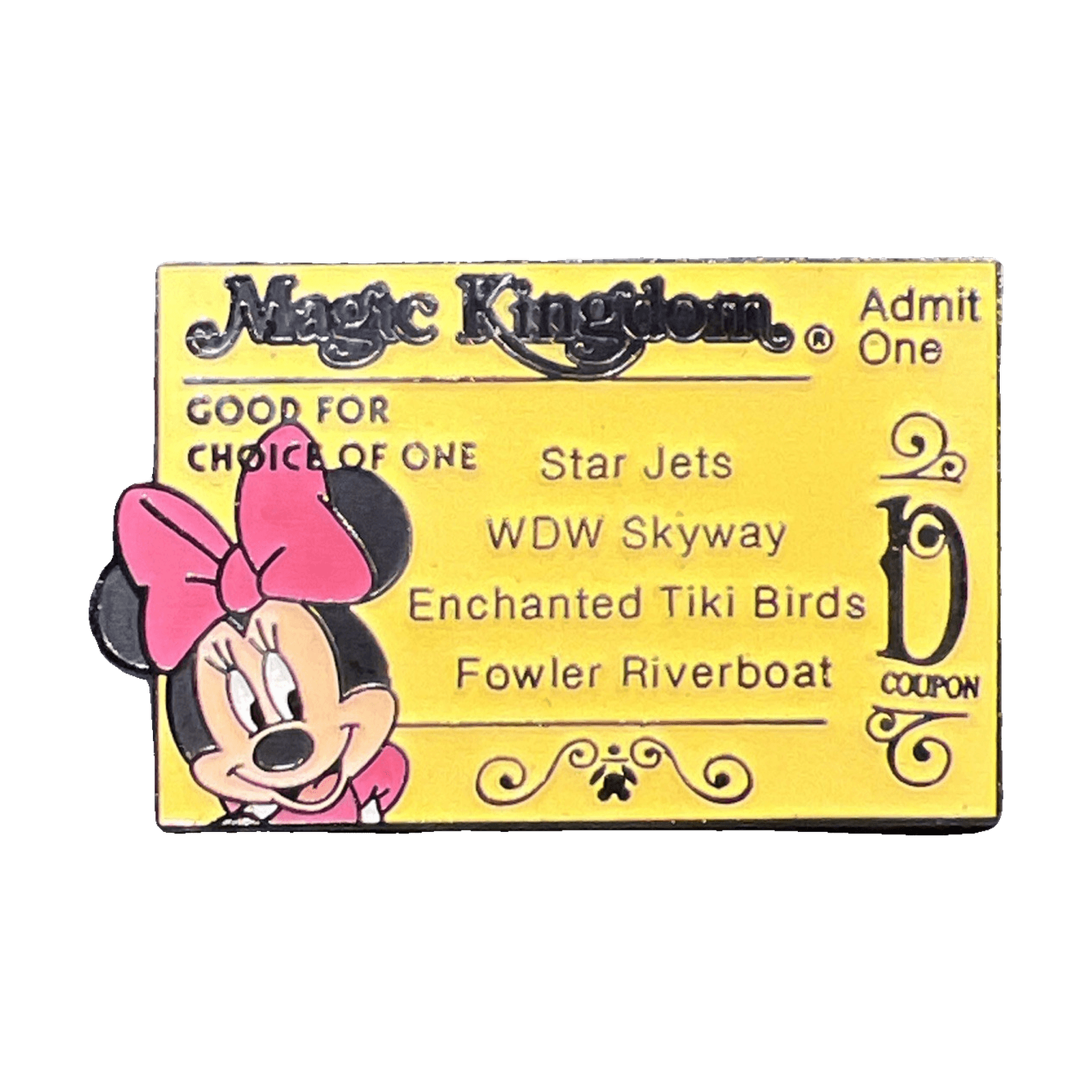 Magic Kingdom D Ticket — Minnie Mouse, a 2005 Walt Disney World Cast Lanyard pin