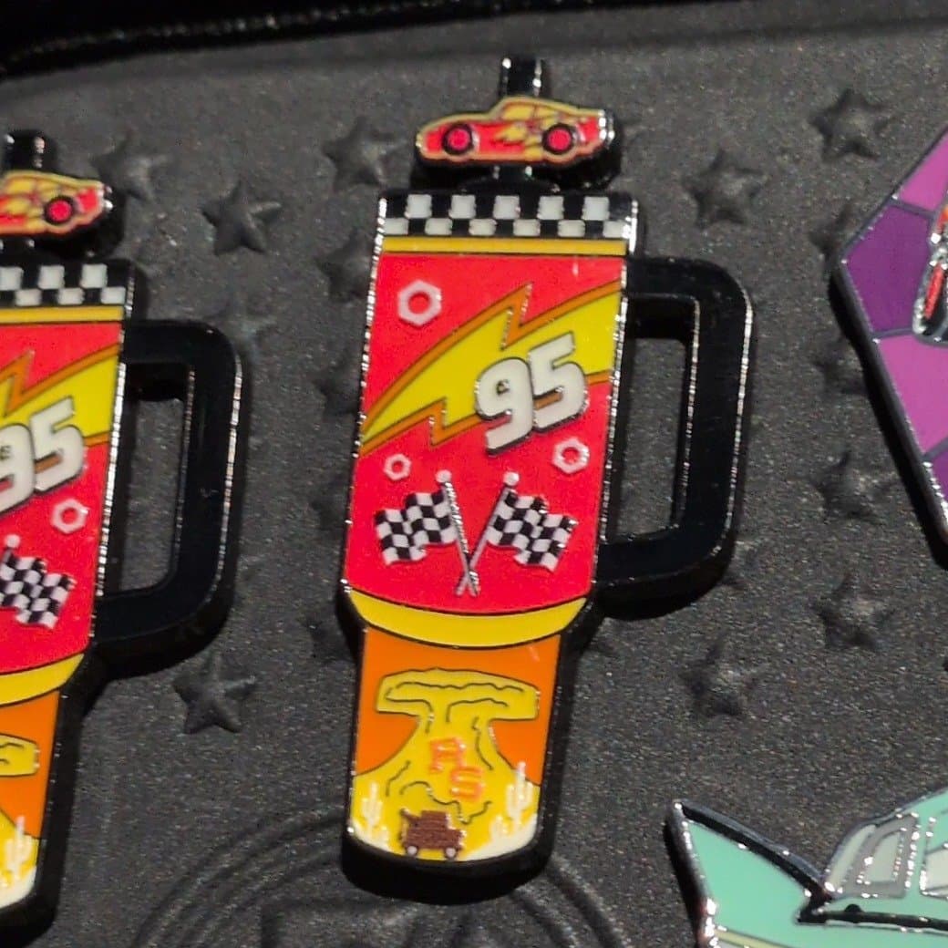 Lightning McQueen #95 Radiator Springs Mug Pin with Checkered Flags front