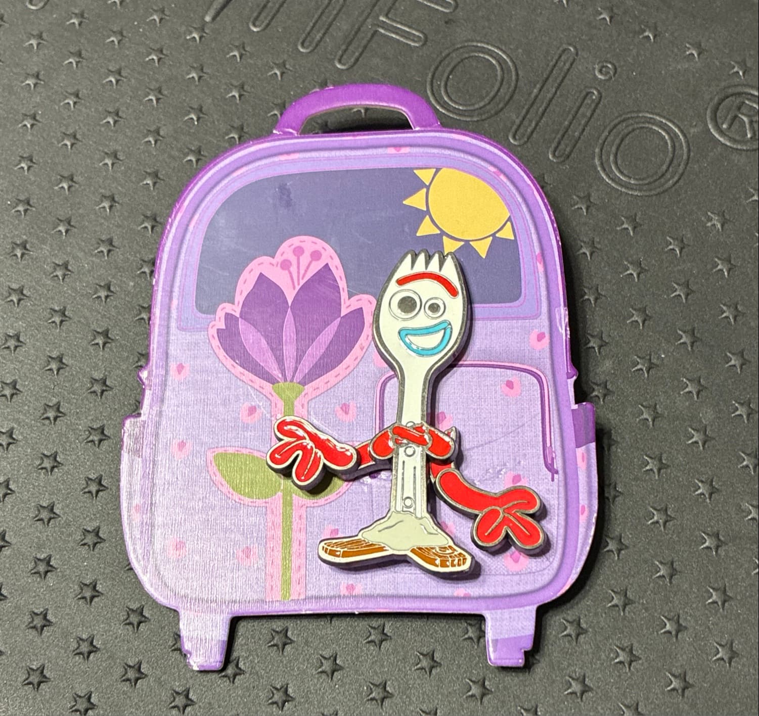 Forky on Purple Backpack Flair Pin with Movable Arms front