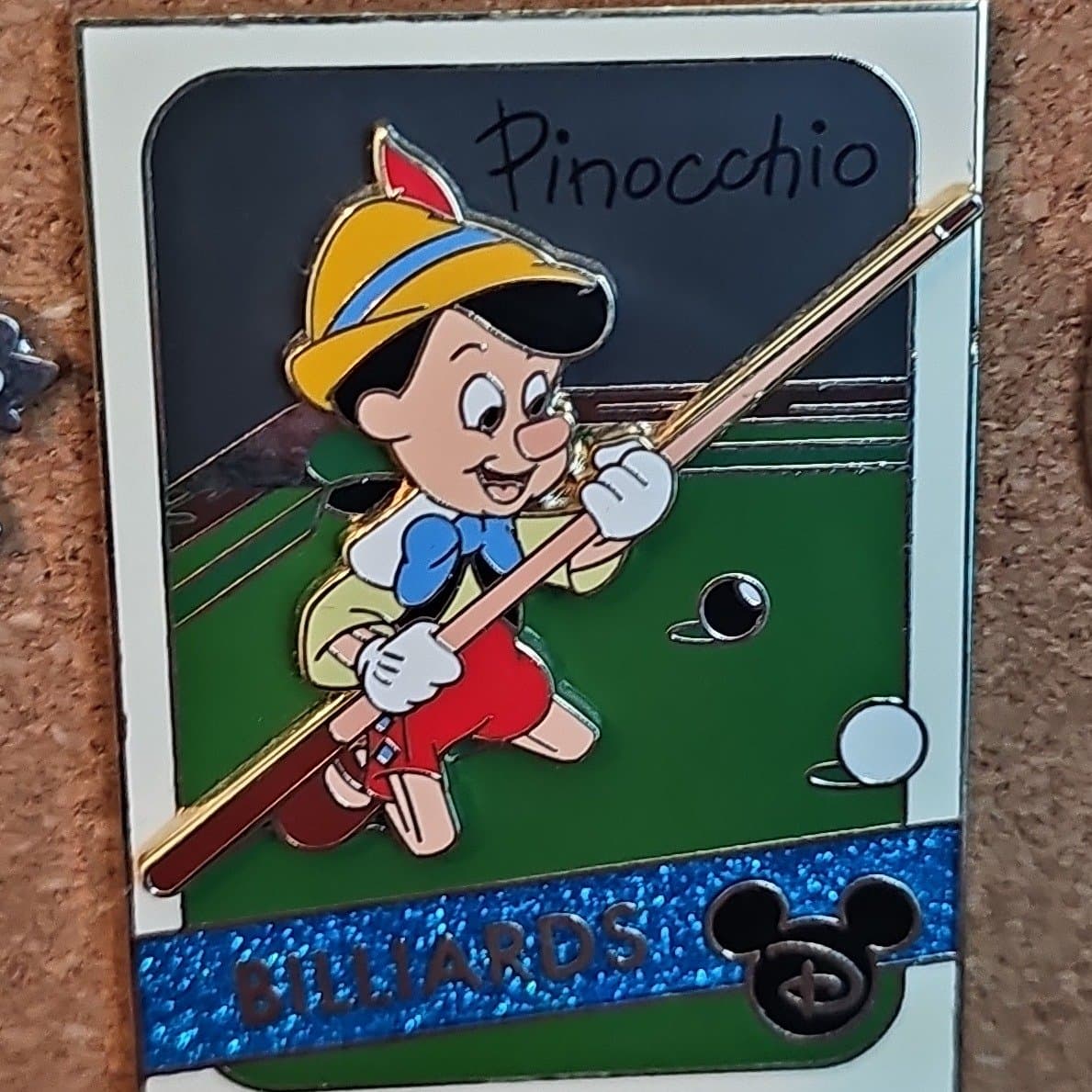Pinocchio Billiards Trading Card Pin front