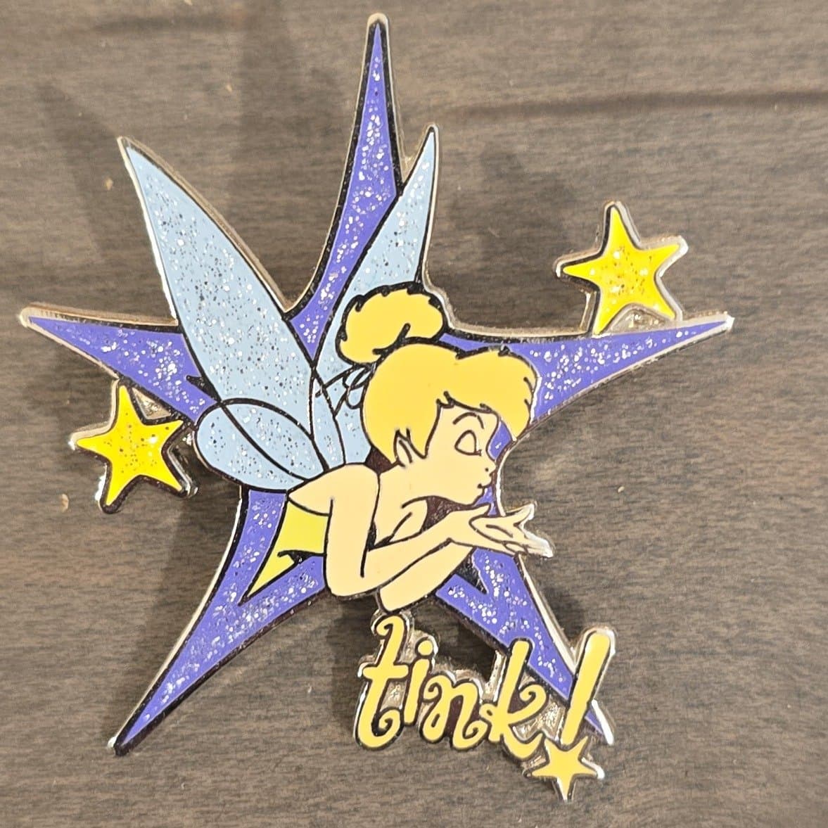 Tinker Bell Blowing Kiss 'Tink!' Purple Glitter Star Pin front